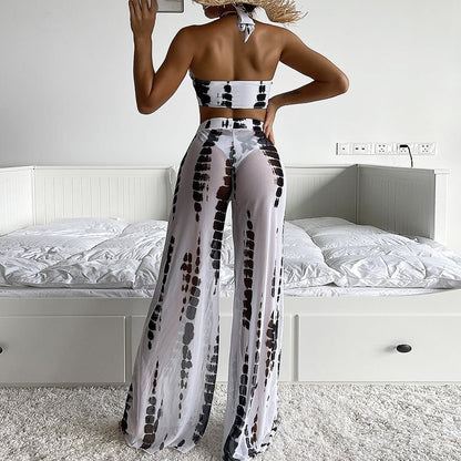 Black & White Halter Three - Piece Vacation Pant Set - Taydiane