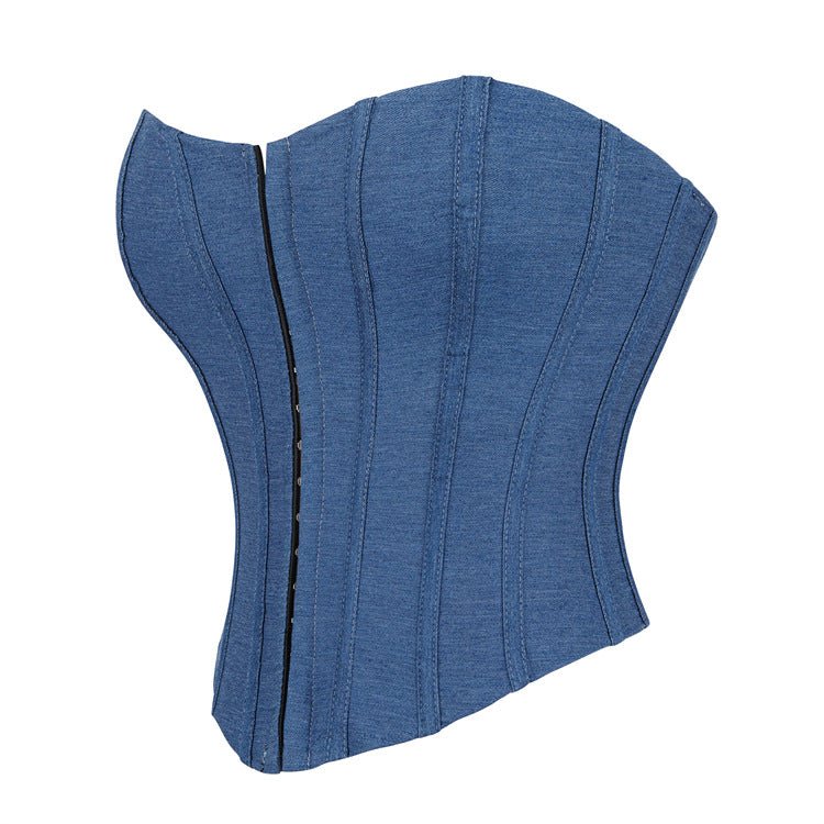 Blue Color Denim Single - Breasted Women's Tube Top Breasts Support Push up Court Body Shaping Top - TayDiane
