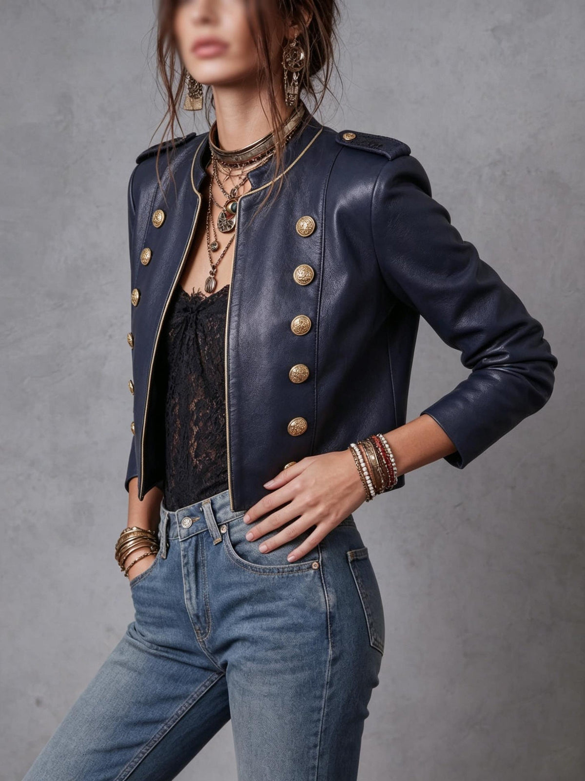 Blue Reign Gold-Trim Faux Leather Jacket - Taydiane