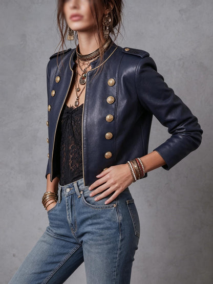 Blue Reign Gold-Trim Faux Leather Jacket - Taydiane