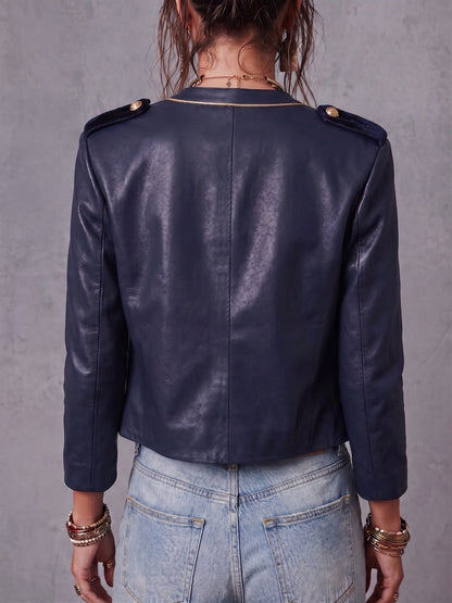 Blue Reign Gold-Trim Faux Leather Jacket - Taydiane
