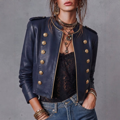Blue Reign Gold-Trim Faux Leather Jacket - Taydiane