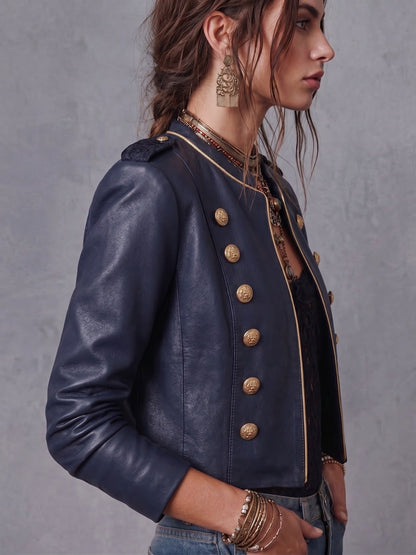 Blue Reign Gold-Trim Faux Leather Jacket - Taydiane
