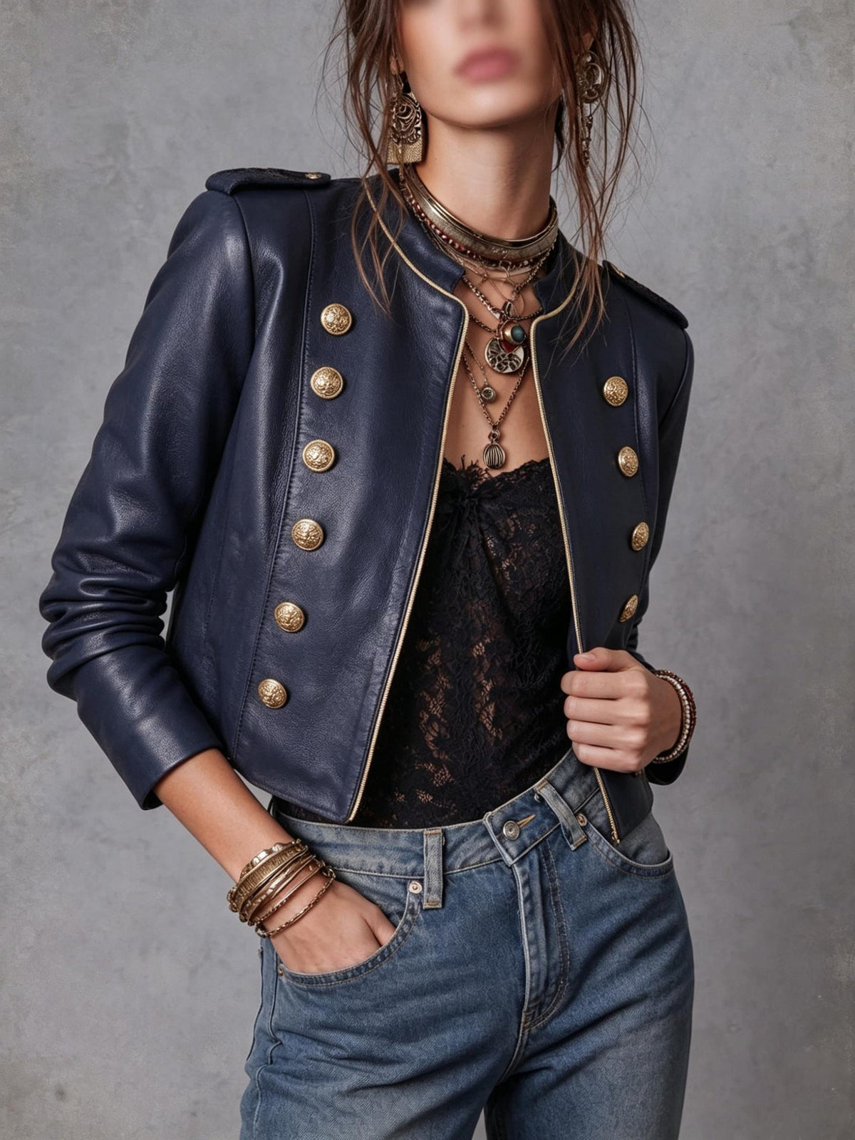 Blue Reign Gold-Trim Faux Leather Jacket - Taydiane