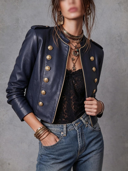 Blue Reign Gold-Trim Faux Leather Jacket - Taydiane