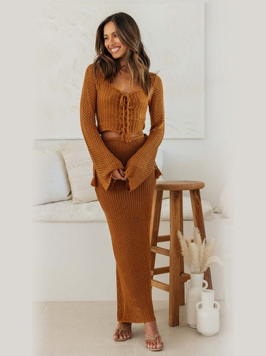 Bohemian Knitted Long Sleeve Maxi Skirt Set - TayDiane