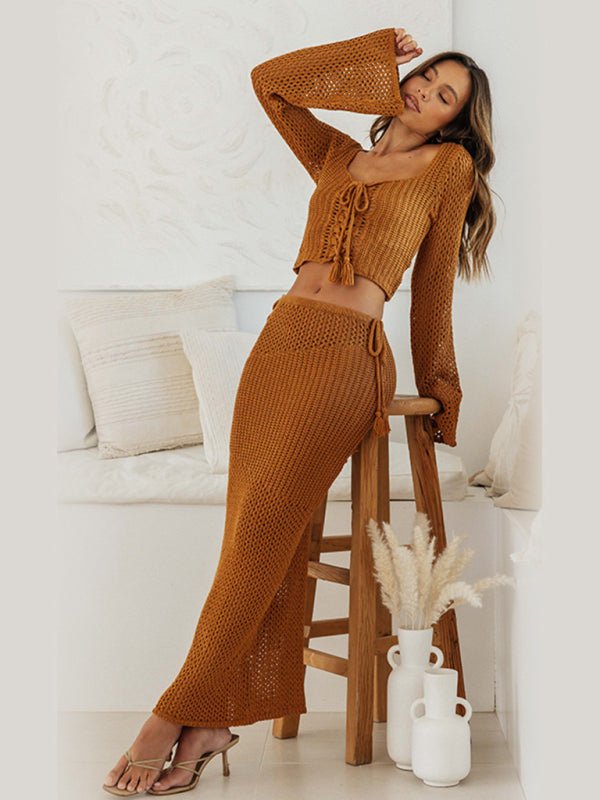 Bohemian Knitted Long Sleeve Maxi Skirt Set - TayDiane