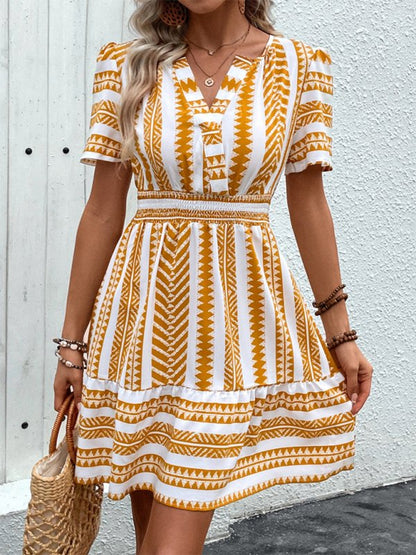 Bohemian V Neck Short Sleeve Printed Dress - TayDiane