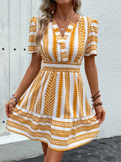 Bohemian V Neck Short Sleeve Printed Dress - TayDiane