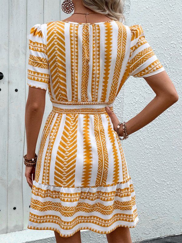 Bohemian V Neck Short Sleeve Printed Dress - TayDiane