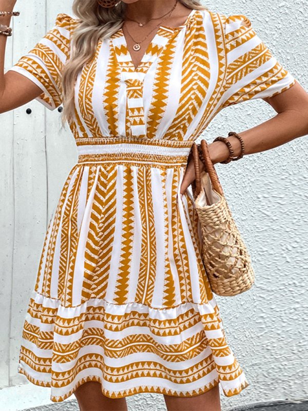 Bohemian V Neck Short Sleeve Printed Dress - TayDiane