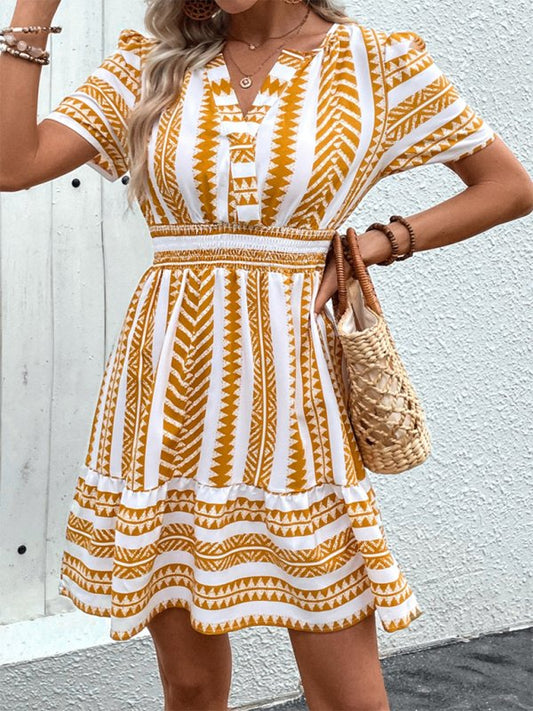 Bohemian V Neck Short Sleeve Printed Dress - TayDiane