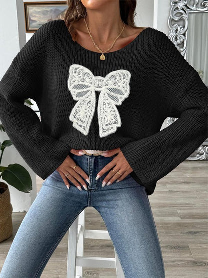 Bow Embroidered Sweater with Flare Sleeves - TayDiane