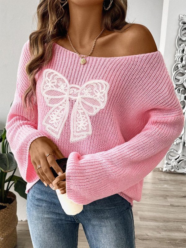 Bow Embroidered Sweater with Flare Sleeves - TayDiane