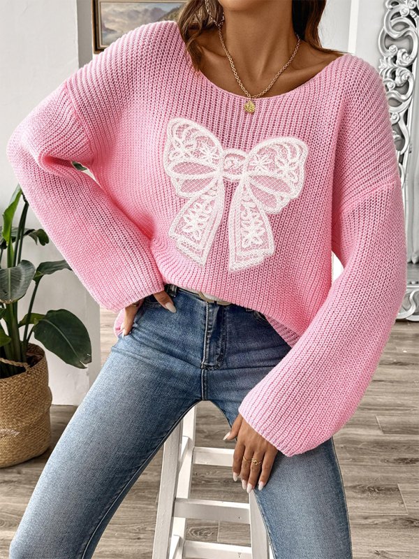 Bow Embroidered Sweater with Flare Sleeves - TayDiane