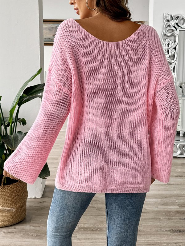 Bow Embroidered Sweater with Flare Sleeves - TayDiane