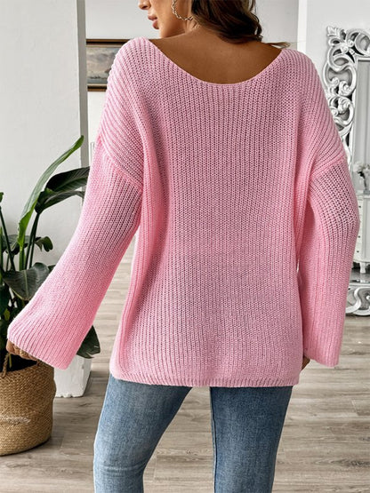 Bow Embroidered Sweater with Flare Sleeves - TayDiane