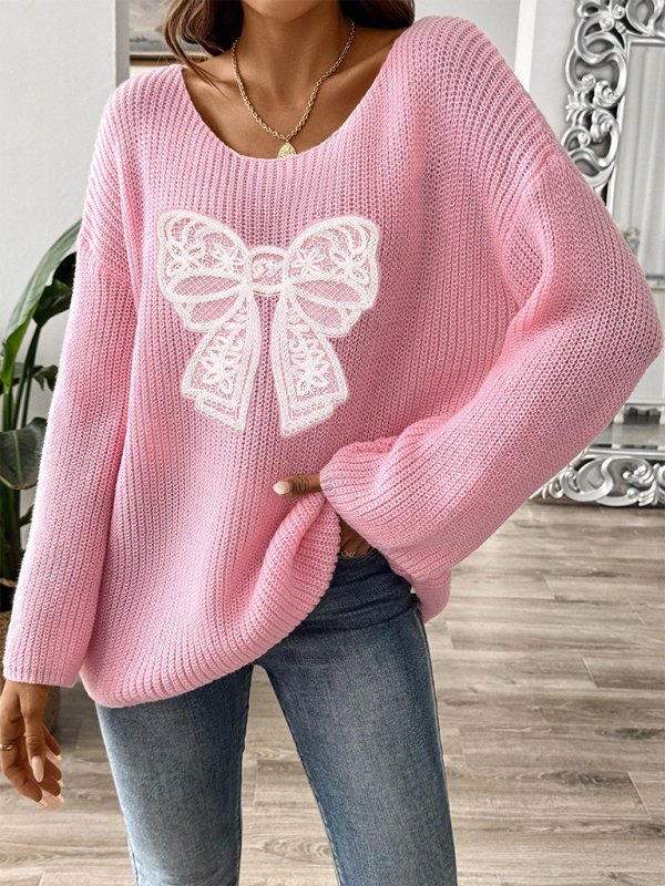 Bow Embroidered Sweater with Flare Sleeves - TayDiane