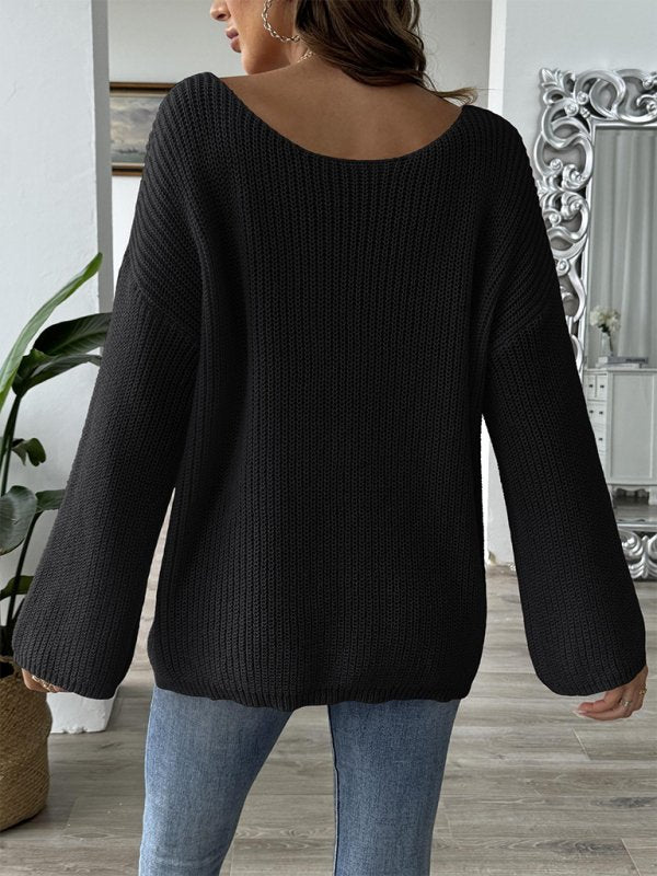 Bow Embroidered Sweater with Flare Sleeves - TayDiane