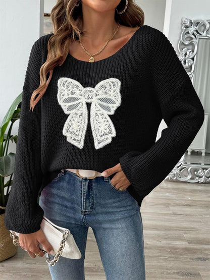 Bow Embroidered Sweater with Flare Sleeves - TayDiane