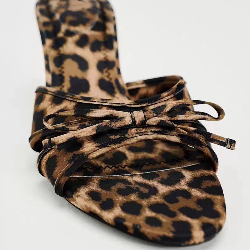 Bow Leopard Kitten Heel Sandals - TayDiane