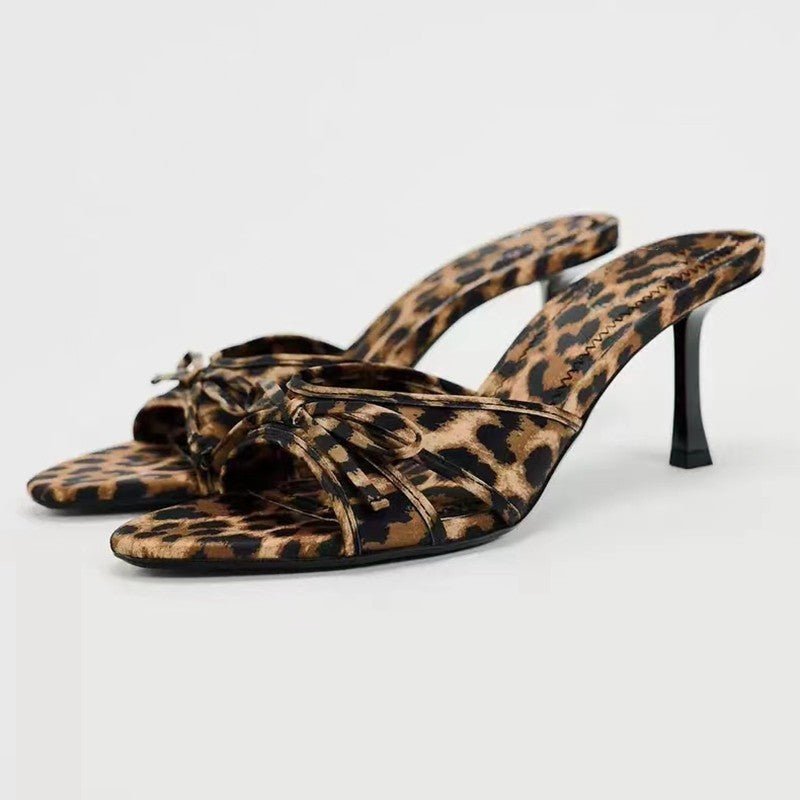 Bow Leopard Kitten Heel Sandals - TayDiane