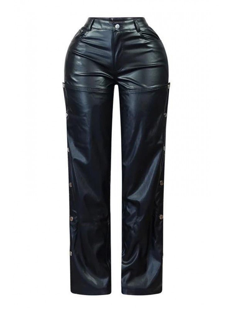 Buckle Cut - Out Faux Leather Snap Pants - TayDiane