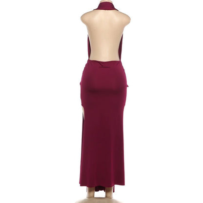Burgundy Backless Halter Maxi Dress - Taydiane