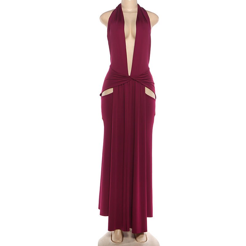 Burgundy Backless Halter Maxi Dress - Taydiane