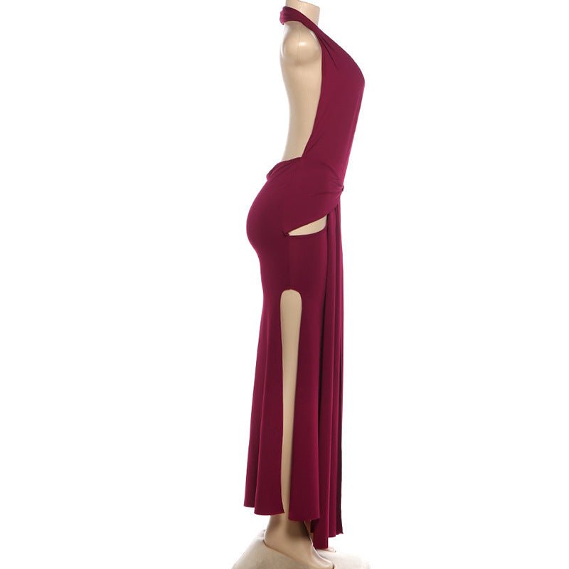 Burgundy Backless Halter Maxi Dress - Taydiane