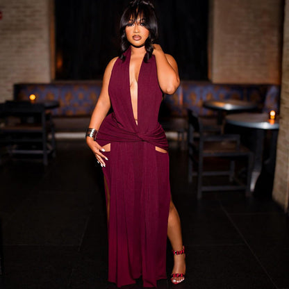 Burgundy Backless Halter Maxi Dress - Taydiane