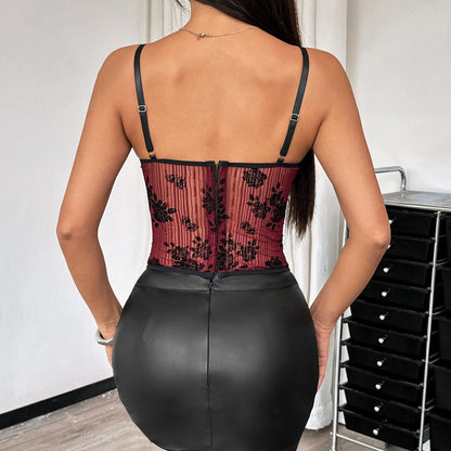 Burgundy Floral Mesh Corset Cami Top - TayDiane