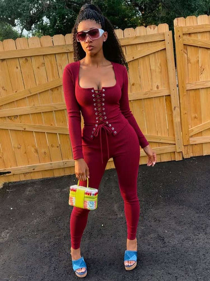 Burgundy Lace - Up Knit Two - Piece Set - TayDiane