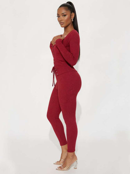 Burgundy Lace - Up Knit Two - Piece Set - TayDiane