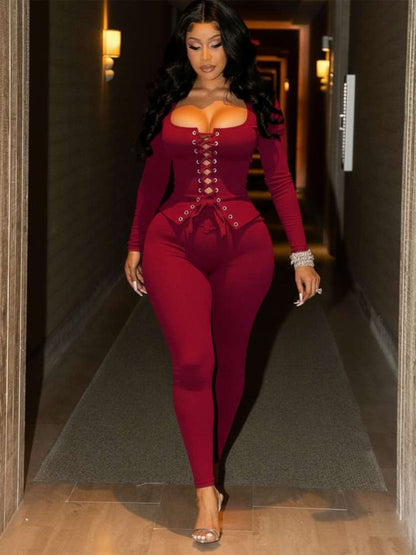 Burgundy Lace - Up Knit Two - Piece Set - TayDiane