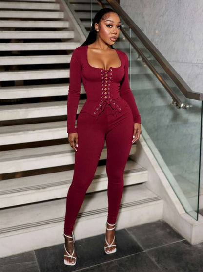 Burgundy Lace - Up Knit Two - Piece Set - TayDiane