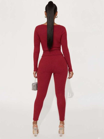 Burgundy Lace - Up Knit Two - Piece Set - TayDiane