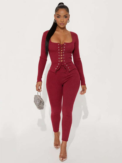 Burgundy Lace - Up Knit Two - Piece Set - TayDiane
