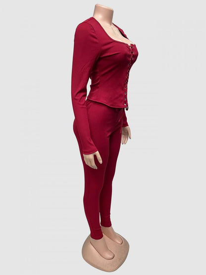 Burgundy Lace - Up Knit Two - Piece Set - TayDiane