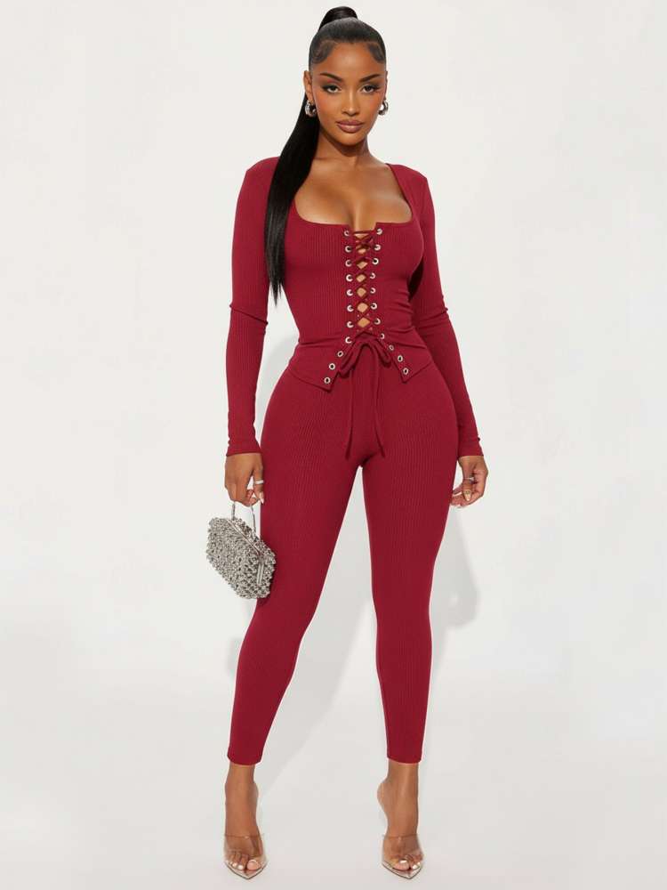 Burgundy Lace - Up Knit Two - Piece Set - TayDiane