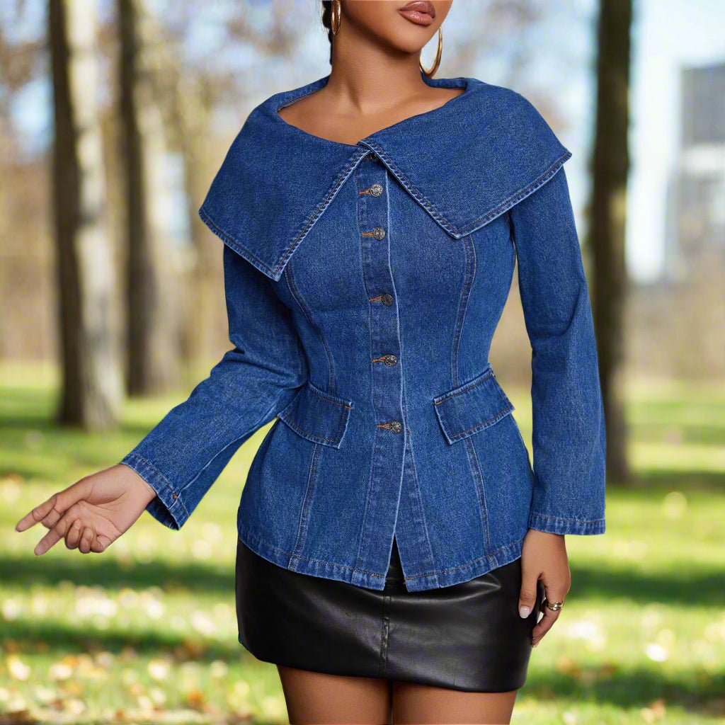 Button Down Long Sleeve Denim Top - TayDiane