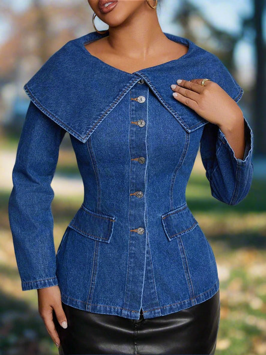 Button Down Long Sleeve Denim Top - TayDiane