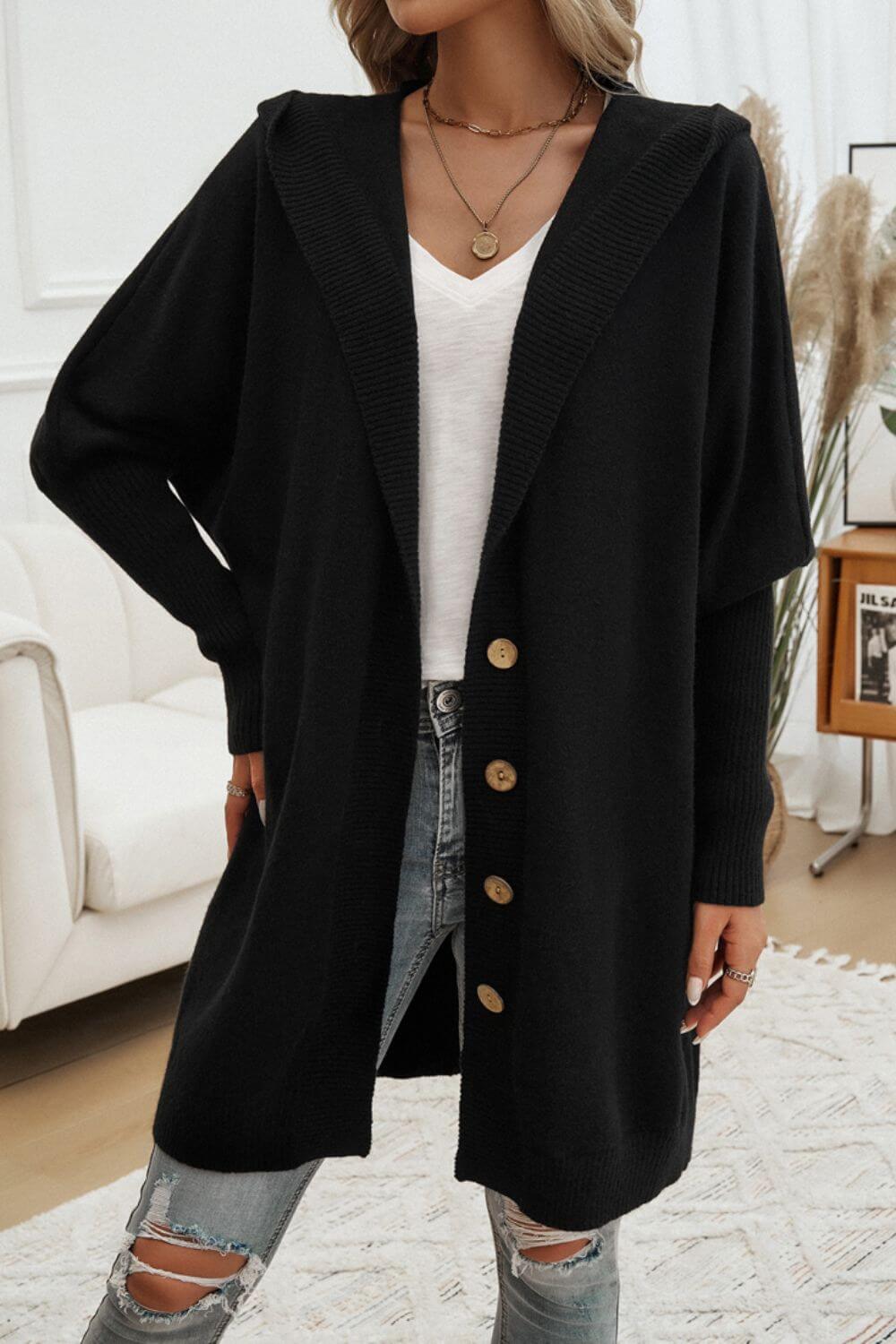 Button Up Long Sleeve Hooded Cardigan - TayDiane