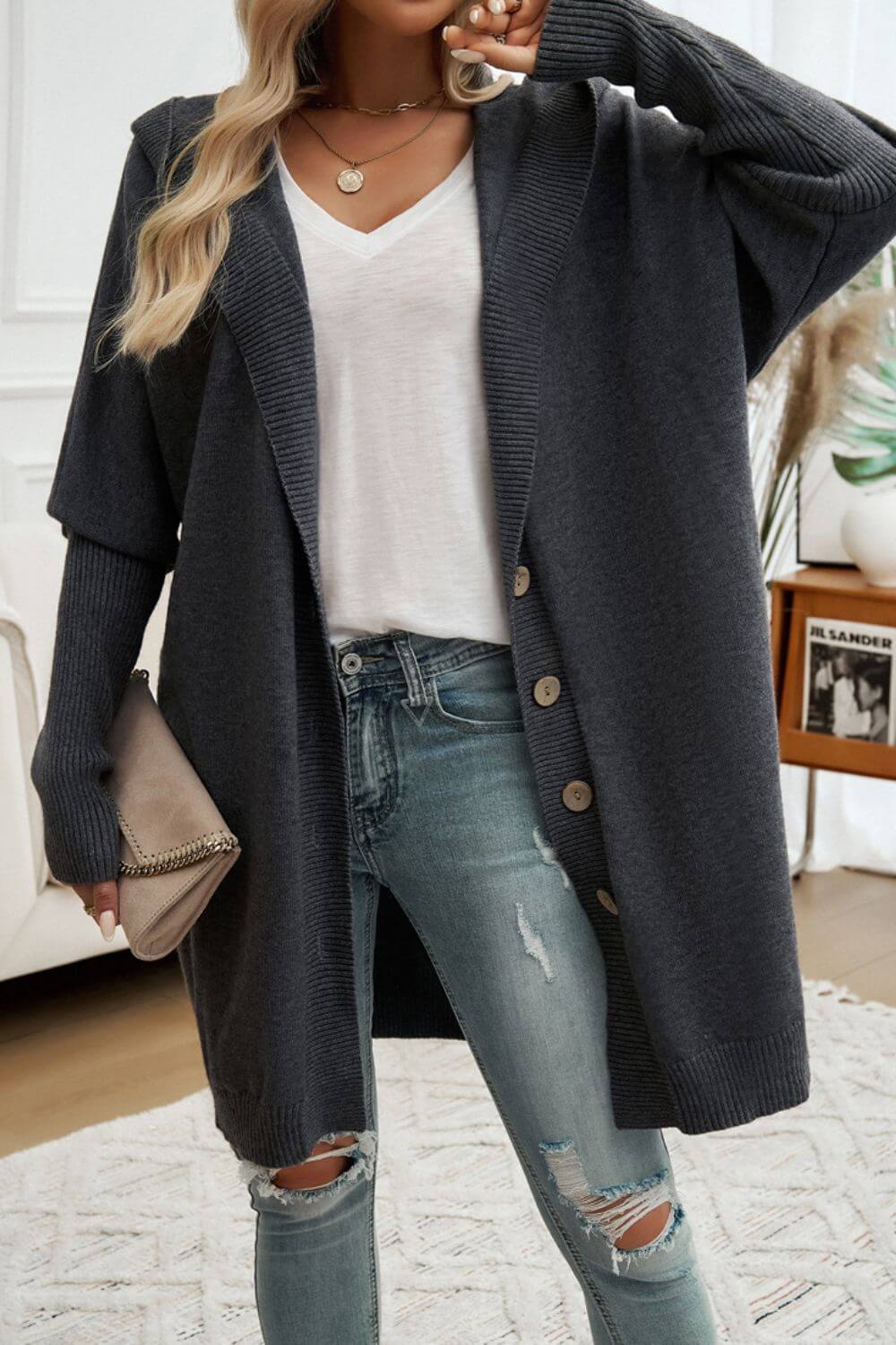 Button Up Long Sleeve Hooded Cardigan - TayDiane