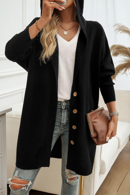 Button Up Long Sleeve Hooded Cardigan - TayDiane