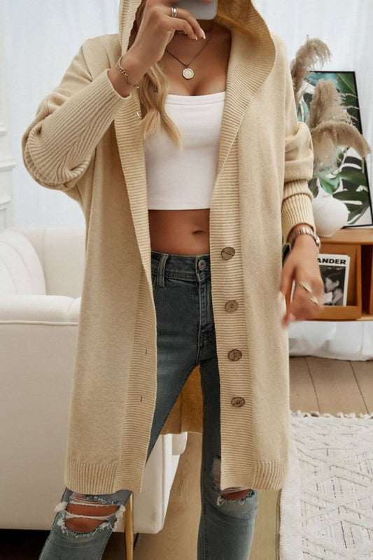 Button Up Long Sleeve Hooded Cardigan - TayDiane