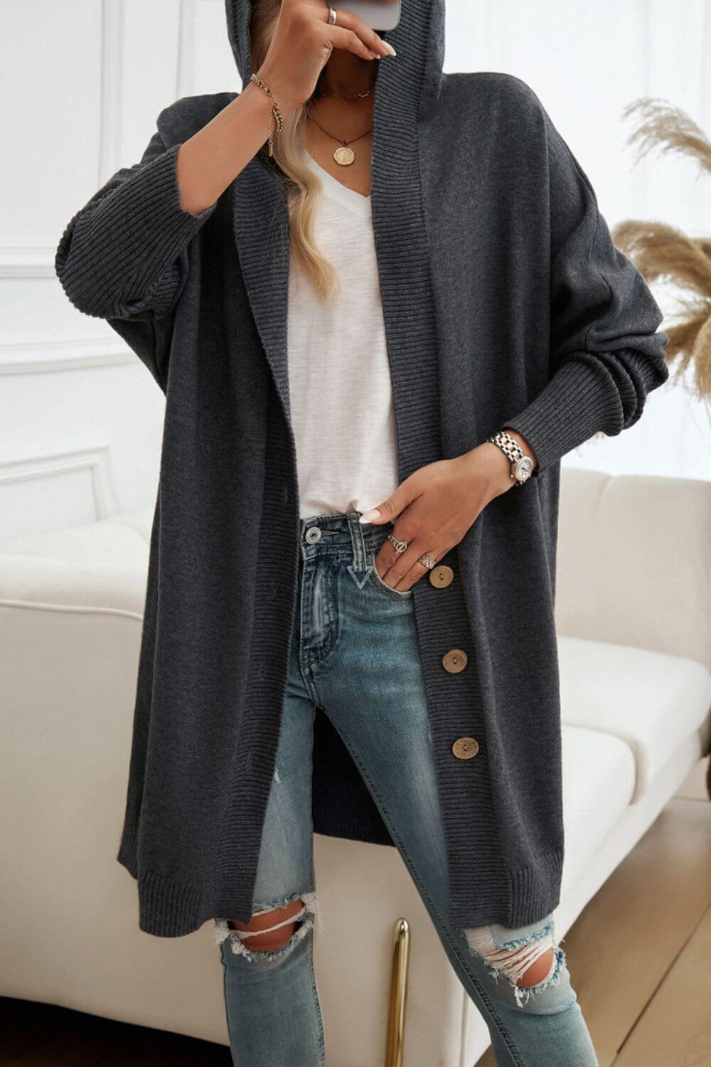 Button Up Long Sleeve Hooded Cardigan - TayDiane