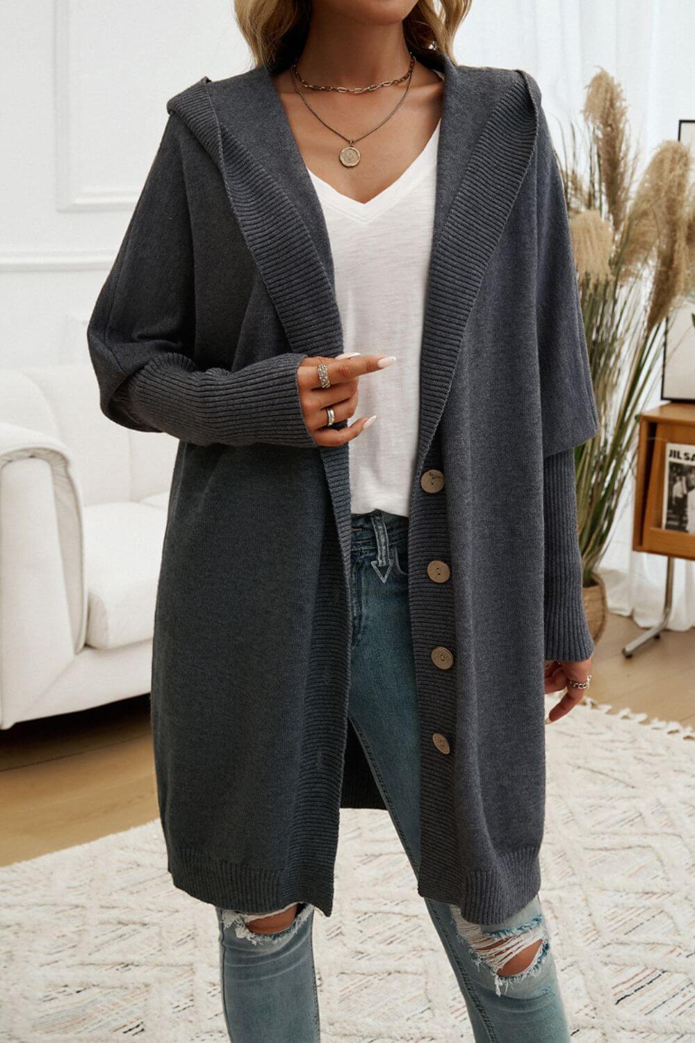 Button Up Long Sleeve Hooded Cardigan - TayDiane