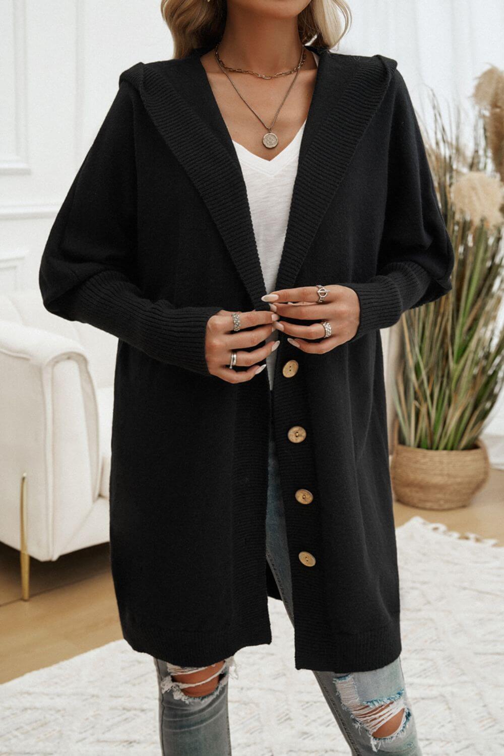 Button Up Long Sleeve Hooded Cardigan - TayDiane