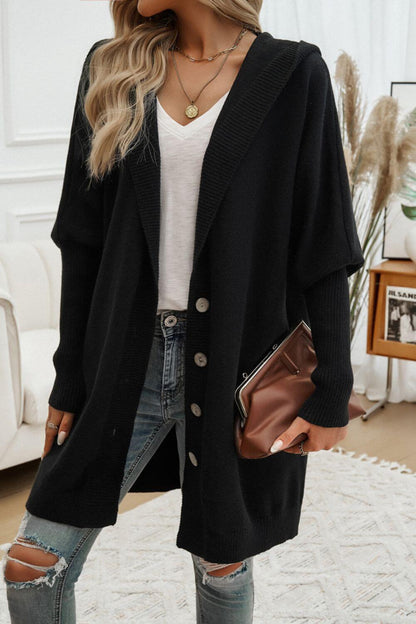 Button Up Long Sleeve Hooded Cardigan - TayDiane